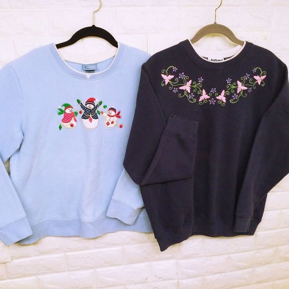 Lot of 2 Vintage Grandma Sweatshirt Novelty Sweater -L Double Collar Floral Blue - Picture 1 of 11